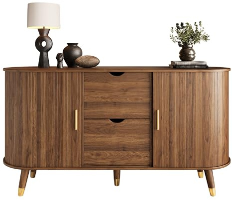 HAINEW HD26030310 - Cómoda con 2 puertas correderas y 2 cajones, con patas de madera maciza y tablero ovalado, 140 x 40 x 79,5 cm, nogal