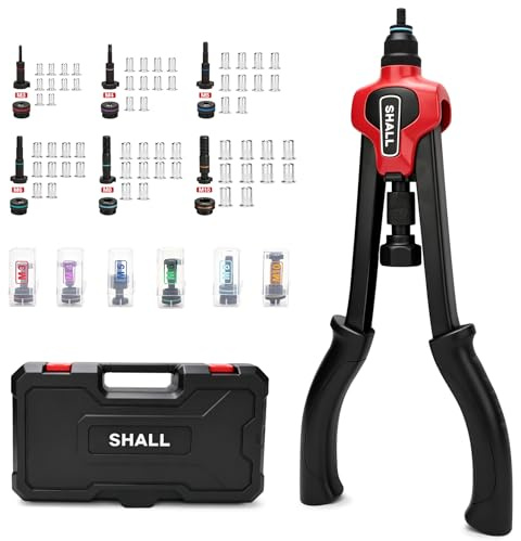SHALL Kit de herramientas de tuerca de remache de 14（35CM), Remachadora,con M3 M4 M5 M6 M8 M10-6 mandriles métricos de calor y 60 tuercas de remache, con caja de