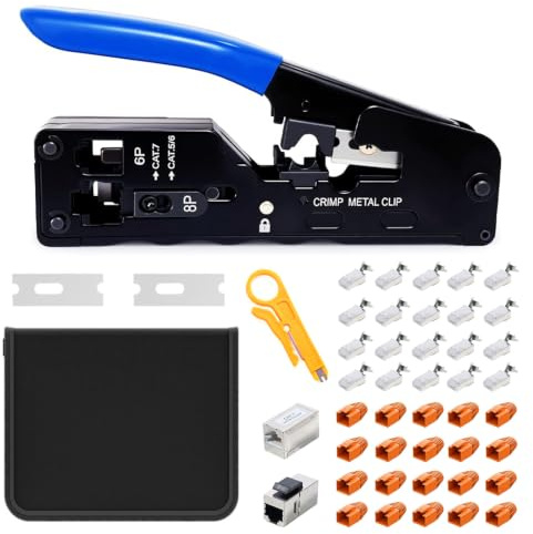 Crimpadora RJ45 para Conectores RJ45, Kit de Herramientas de Red con 20x Conectores Cat 7 Pass Through Apantallados, 1x Pelacables, 1x Conector RJ45 Cat7, 1x Módulo Keystone RJ45 - Alicates de Corte