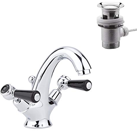 Old London BC405DL Topaz | Traditional Bathroom Mono Basin Mixer Tap with Lever Handles and Domed Collars with Pop-Up Waste, 176mm x 214mm, Chrome/Black