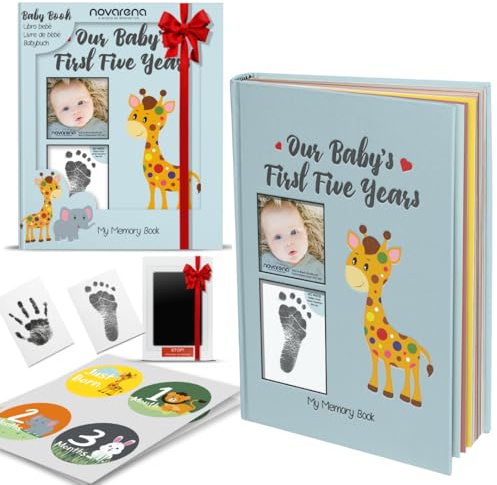 NOVARENA Keepsake Memory Book for Baby Boy or Girl Timeless First 5 Year Baby Book A Milestone Baby Book from Birth to Age 5 Gender Neutral Journal Scrapbook Photo Album Stickers Baby Ink Pad