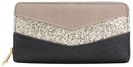 CRAZYCHIC - Portefeuille Paillettes Grande Capacité Femme - Compagnon Porte-Monnaie Long Bande Strass Brillant Cuir PU Multicolore - Plusieurs Compartiments Cartes - Tendance Mode - Noir
