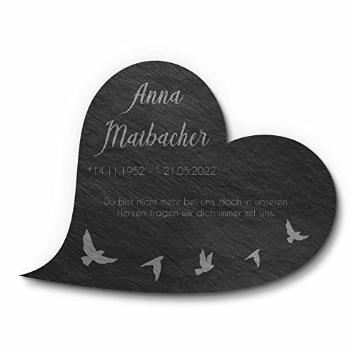 CHRISCK design Herz Grabstein aus Schiefer für Menschen | Wetterfest imprägnierter Gedenkstein mit vielen Motiven - Gravierte Gedenktafel als Grabschmuck Grabdeko Grabherz - 18x13 cm