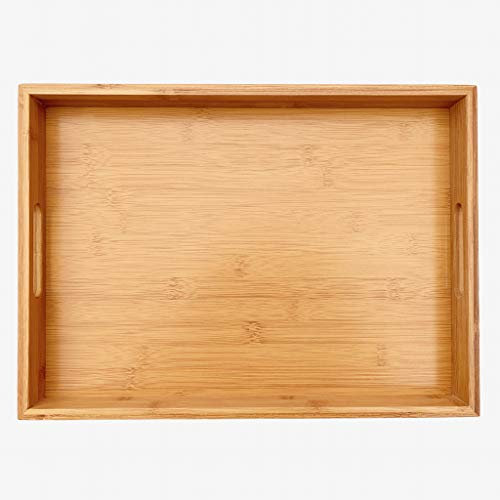 Bamboo Wooden Serving Tray - Natural Rectangle Butler Tray with Handle for Breakfast in Bed, Tea, Coffee Table, Food, Dinner