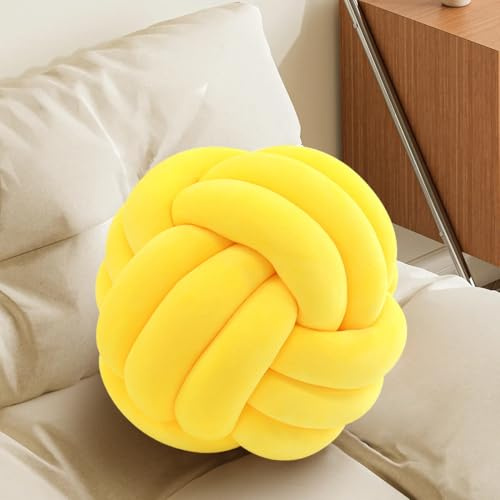 Knot Pillow Ball, Handmade Decorative Throw Pillow, Soft Round Knotted Cushion for Couch & Bedroom, Cute Home Decor, Braided Pillow for Living Room (10.6 Inches, Yellow)
