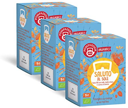 Pompadour Organics, Tisana Bio Saluto al Sole, 45 Filtri (3 Confezioni da 15 Filtri), con Mate, Menta e Limone, Ideale al Mattino per un Dolce Risveglio, Senza Lattosio, Glutine e Allergeni, Vegan