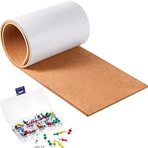 Outus Rouleau de tableau en liège de 8 mm d'épaisseur, 152,4 x 30,5 cm, autocollant, sans cadre, avec 100 mini punaises pour mur