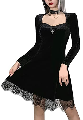 DINGJIUYAN Steampunk Velvet Lace Dress Women Halloween Gothic Mini Dresses | Long Sleeve Square Neck Wedding Guest Vintage Party Dress