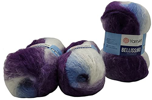YarnArt Bellissimo 3 x 150 Gramm Strickwolle mit Mohair, 450g Wolle mit Farbverlauf (beere blau weiss 1419)