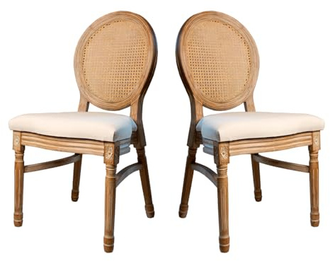 EME Juego de 2 Sillas Luis XVI de Estilo Clásicas Sillas con Asiento Acolchado y Respaldo Medallón de Rejilla de Ratán Ideal para Salón Comedor o Dormitorio Elegante Estilo Francés