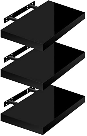 WOLTU Wandregal, Schweberegal Hochglänzend Schwarz,30x22,9x3,8cm 3er,MDF | Wandregal Set von 3 für Büro, Wohnzimmer, Schlafzimmer, Küche,mit Metallhalterung,unsichtbare Montage