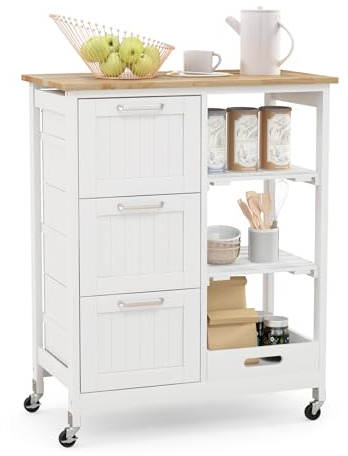 GIANTEX Carrello di Servizio con 4 Ripiani, Scaffale da Cucina con Rotelle, Mobiletto Cucina Salvaspazio con 3 Grandi Cassetti, 67x37x83,5 cm, 2 Colori (bianco)