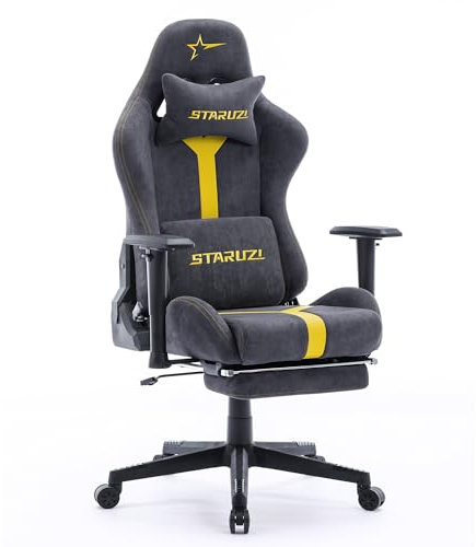 STARUZI Gaming Stuhl aus Wildlederimitat, Ergonomischer PC Stuhl, Gaming Stuhl mit Fußstütze, Atmungsaktiver Game Drehsessel mit Verstellbare Armlehne,Grau-Yellow