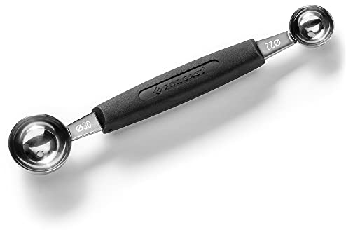 Forgast Scavino per Melone Frutta, Cucchiaio per Scavare, Coltello Doppio per Scolpare Sfere, Lunghezza 17 cm, Due Sfere in Acciaio Inossidabile da 20 e 30 mm, Manico in Materiale Sintetico