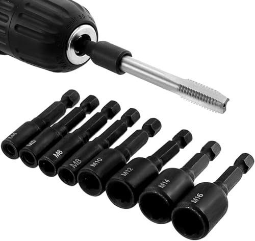 Tap Socket Wrench Set, Bestgle 8pcs 1/4 Inch Hex Shank Alloy Steel Machine Thread Taps, M4-M16 Square Driver Thread Screw Tapping Chuck for Machine Tap Power Drill