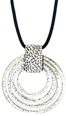 ASTER ALHELÍ Große Damen Halskette mit Silberner Spirale - konzentrische Kreise Kette mit Schwarzem Wildlederband - Lange Kette Damen Verstellbare Höhe - Ideal als Geschenk - Großer Anhänger Frau