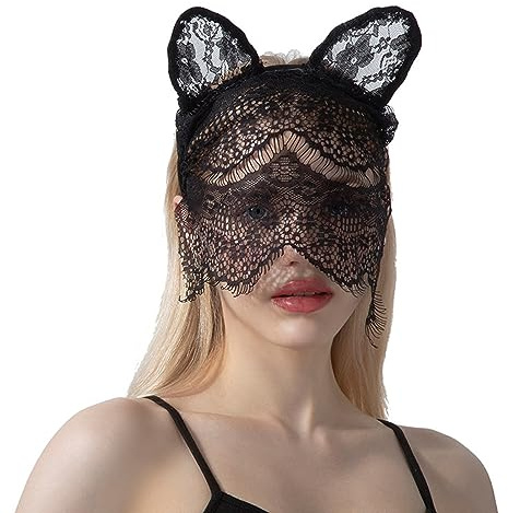 NICENEEDED Masque en dentelle, bandeau pour bal masqué, masque intégral pour fête, voile noir, couvre-chef en maille pour Halloween