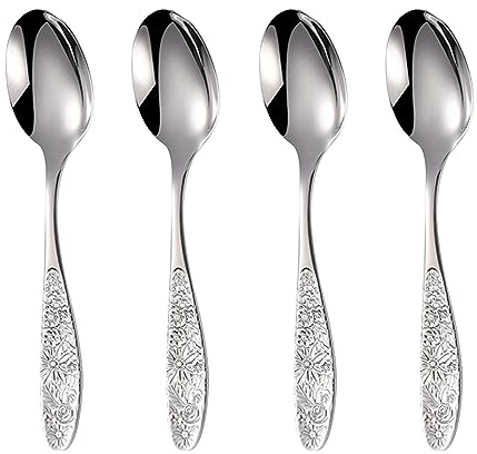 Ouliget Gehämmertes Muster, Edelstahl-Bouillon-Löffel, geprägtes Muster, Dessertlöffel, gehämmerte Oberfläche, 17,8 cm, 4 Stück.