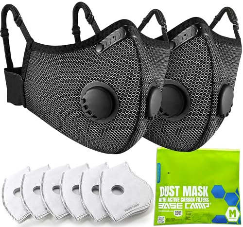 BASE CAMP Upgrade M Plus Mesh Silber und Schwarz Staubmaske, Atmungsaktive Wiederverwendbare Staubgesichtsmaske mit Ventilen und 6 Aktivkohlefilter (2 Silber)