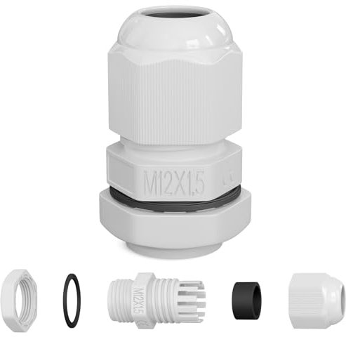 hb-digital 1х Presse-étoupe M12 pour câble de 3 à 6,5 mm de diamètre IP68 étanche à la poussière et à l'eau avec joint en caoutchouc, contre-écrou, lamelles, prise isolante, entrée de câble – Blanc