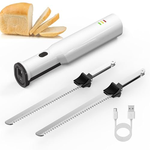 MTNBHH Cuchillo eléctrico inalámbrico, Cuchillo de trinchar eléctrico Recargable, Cuchillo for Pan con 2 Cuchillas dentadas de Acero Inoxidable de 8 Pulgadas for tallar Pan, Aves de Corral
