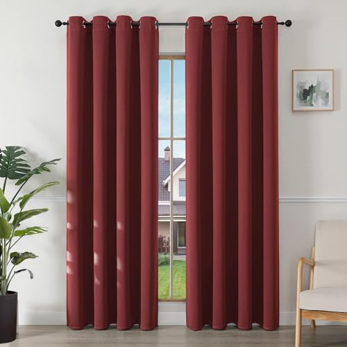 Joydeco Ogenomskinliga gardiner med öljetter i set om 2, 220 x 140 cm (H x B), mörkläggningsgardin, vinröd termisk gardin, värmeskydd, öljettgardin för sovrum och vardagsrum