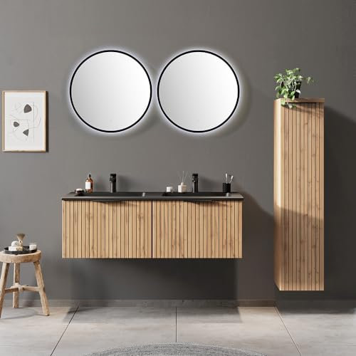 Lomadox Badmöbel Set 4-teilig inkl. Doppelwaschtisch 120cm in Eiche, Fronten gestreift | Doppelwaschbecken schwarz, Spiegel mit LED