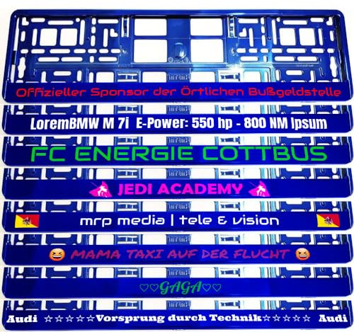 2 Stück Kennzeichenhalter Chrom BLAU mit Wunschtext Beschriftung Werbung Spruch Bedruckt