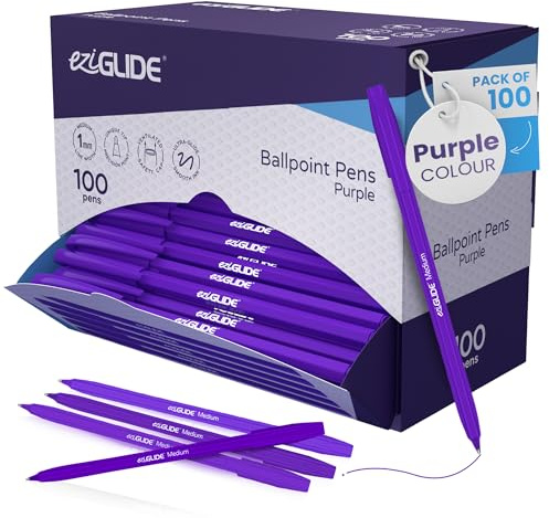 Eziglide kulspetspenna lila pennor, medium spets spets (1,0 mm), 100-pack