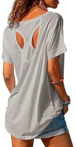 Fisoew Women's Sport T-Shirts Open Back Fitness Yoga Tee Tops | Short Sleeve, Loose Fit, Casual, Workout Gym Shirts, Gym Athlete Tops