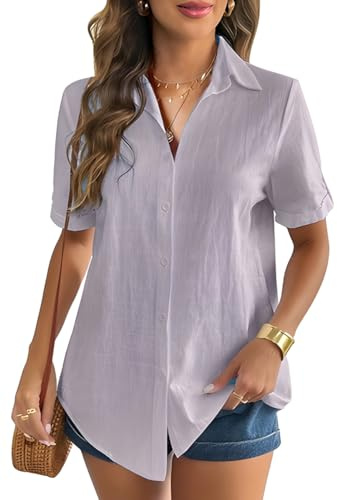 WINKEEY Bluse Damen Musselin Hemdbluse Leinenbluse Leinenhemd V-Ausschnitt 100% Baumwolle Elegant Blusen Tuniken Für Damen Mit Knöpfen T Shirt Kurzarm