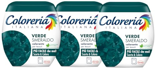 Coloreria Italiana Farbpulver, Färbemittel für Kleidung und Stoffe in der Waschmaschine, Smaragdgrün, 3 Packungen à 350 g