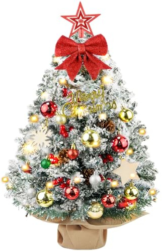 YSWOVUO Mini sapin de Noël 60 cm, lumineux et décoré de flocons, petit arbre artificiel pour maison, salle à manger ou bureau