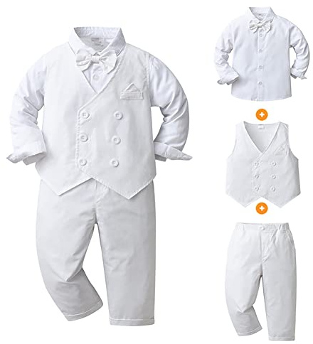 FYMNSI Traje festivo para bebés y niños, traje de bautizo para niños, camisa de manga larga con pajarita y pantalones, chaleco, juego de ropa de 3 piezas, Blanco, 4- 5 años