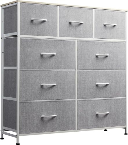 WLIVE Commode Tiroirs, Tour Rangement Tissu pour Chambre, Couloir, Entrée, Placard, Unité Haute Bacs Tissu, Cadre Acier, Plateau Bois (Gris Clair, 9 Tiroirs)