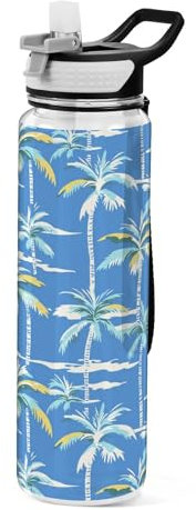Mnsruu Bouteille d'eau de 1 l avec paille - Anti-fuite - Sans BPA - Motif palmiers hawaïens - Bouteille d'eau de sport pour homme, femme, enfant