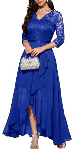 Bbonlinedress Vestido de mujer con cuello en V para mujer, vestido de dama de honor formal de encaje floral Hi-Lo para invitada de boda, azul (A-Royal blue), M