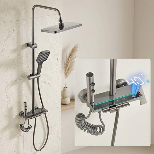 Bostar Columna Ducha con Pantalla Digital LED, 4 Modos Cabezal de Ducha de Lluvia con Grifo, Control Mediante Botones Elegantes Altura Regulable 70-103cm, Gris Titanio (Gris)