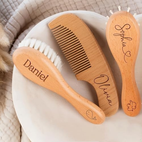 MEIEG Personalisiertes Baby-Haarbürsten- Und Kamm-Set, Woll-Haarbürste, Holzkamm Mit Eingraviertem Namen Und Symbol, Baby-Badezubehör, Geschenke Für Neugeborene