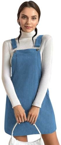 semen Womens Cute Corduroy Bib Overalls Dress Casual Adjustable Straps Knee Length Pinafore Dress Short Dungarees Skirt with Pockets Blue