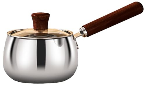 Stainless Steel Saucepan,Mini Butter/Coffee/Milk Warmer Pot,Cooking Pot with Pour Spout and Wooden Handle for Chefs,Baristas(B,12cm)