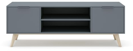 PEGANE Meuble TV, Meuble de Salon Aspect Bois avec 2 Portes et 2 niches Coloris Vert Kaki, Pieds en pin Coloris Blanc ciré - Longueur 140 x Profondeur 40 x Hauteur 53 cm