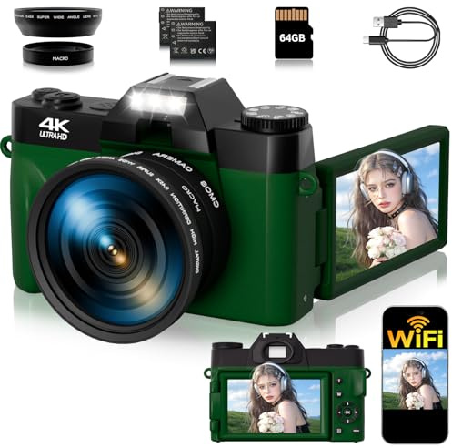 4K-Digitalkamera für Fotografie, Autofokus, 56 MP, 16-facher Digitalzoom mit WLAN, 7,6 cm, 180° Flipscreen, Vlogging, YouTube-Video, Studenten, Kompaktkameras mit 2 Batterien, 64 GB Micro-SD-Karte