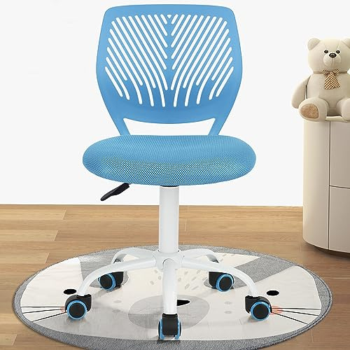 FurnitureR Rolling Study Mesh Desk Chair, Ergonomic Armless Compact Adjsutable Swivel Task Chair with Soft Cushion ad Plastic Mid-Back for Students Teens Children Kids, Sky Blue