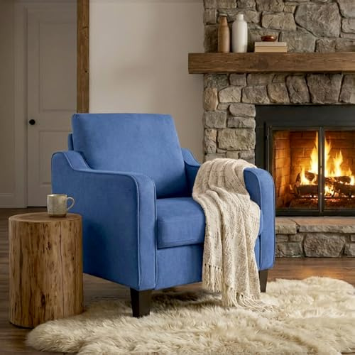 XH.Easy Go Armchair for Living Room,Mid Century Modern Accent Chair with Thick Cushion,Upholstered Linen Fabric Single Sofa Chair for Small Spaces,Comfy Arm Chair for Bedroom,Apartment,Office,Blue
