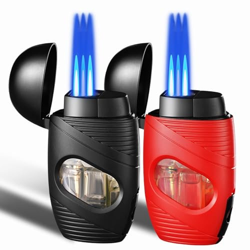 2 Pack Triple Jet Flame Lighter, Adjustable Windproof Flame and Gas Refillable, Portable Butane Torch Lighter for BBQ, Camping, Kitchen,Outdoor and Candles, (Without Butane)-Black+Red