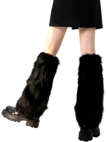 Donvuka Stulpen für Damen, Plüsch Warm Fell Stulpen Bein, Kunstpelz Fur Boots für Weihnachtstag Karneval Mottoparty, 40 cm (Schwarz)