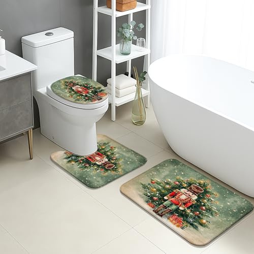 Weihnachts-Badematten-Set, 3-teilig, Nussknacker, Urlaubsdekoration, saugfähig, rutschfest, WC-Vorleger, U-förmig, waschbar, festliches grünes Flanell-Badezimmerteppich-Set
