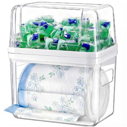 ALLILUYAA Contenedor Detergente Polvo para Lavandería y Baño 3 en 1 para Cápsulas y Hojas de Detergente y Bolsas de Basura, Caja con Tapa Dispensador Hermética Plástico Reutilizable - Transparente