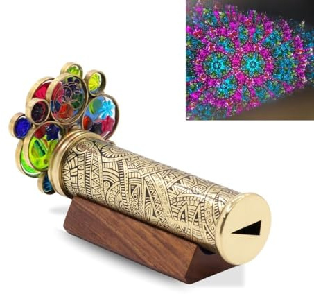 Handmade Tribal Brass Kaleidoscope with Etched Design, Dual Resin Bead Wheels, Three-Mirror System, Lacquer Finish with Wooden Stand & Gift Box – Decorative Collectible Gift for Adults